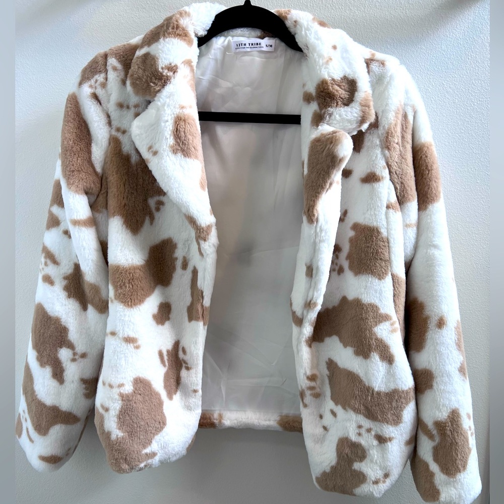 12th Tribe Cow Print Faux Fur Jacket